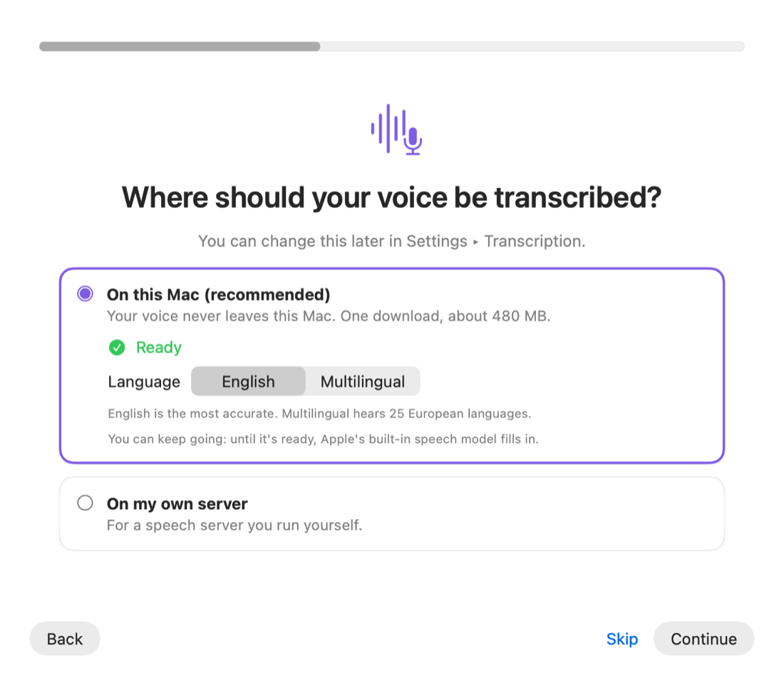 Vox's welcome screen asking where your voice should be transcribed: on this Mac (recommended) or on your own server